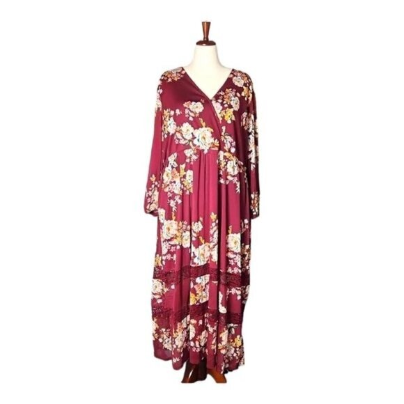Burgundy Cherry Maroon Floral Fall Maxi Dress w/ Lace 3X Boho Chic Cottagecore - Picture 2 of 12